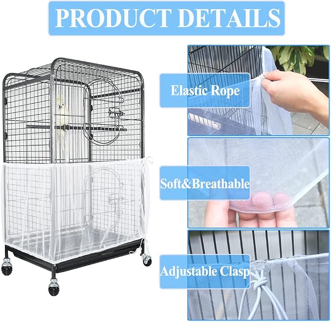 ASOCEA Extra Large Bird Cage Seed Catcher Guard with Pet Bird Parrot Colorful Cotton Rope Universal Birdcage Cover Nylon Mesh Net for Parrot Parakeet Macaw Lovebird African Grey - White