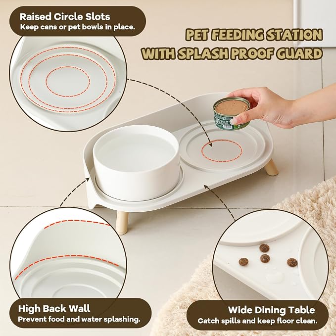 Slow Feeder Cat Bowls with Stand - Double Ceramic Cat Dishes and Splash-Proof Base Bundle - Elevated Feeding Station - White & Green