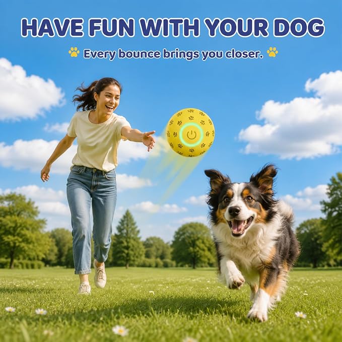 Interactive Dog Toy Ball, Durable Motion Activated Automatic Moving Ball for Small/Medium/Large Dogs, Rechargeable Dog Ball with LED Lights, 2 Play Modes to Keep Your Dog Busy (Yellow)