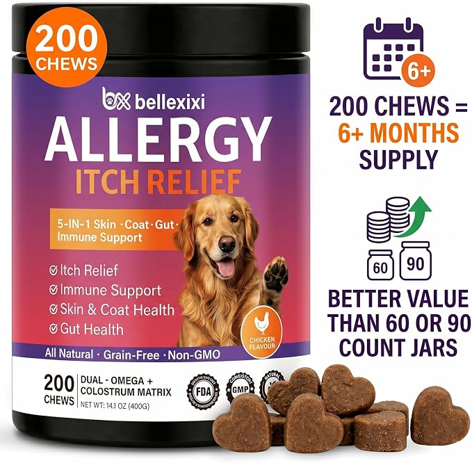 Dog Allergy Chews 200ct - Seasonal Allergy & Itching Skin Relief for Dogs - Soft Chews with Colostrum, Probiotics & Omega 3 for Licking Paws, Hot Spots & Immune Support - Chicken Flavor (14.1 OZ)