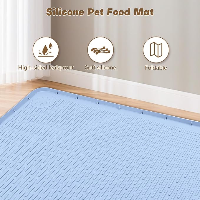 Cat Food Mat, 50" x 35" Extra Large Silicone Pet Feeding Mat with Raised Edge Pet Placemat for Food and Water Bowl Non-Slip, Easy to Clean, Floor Protection (Blue)