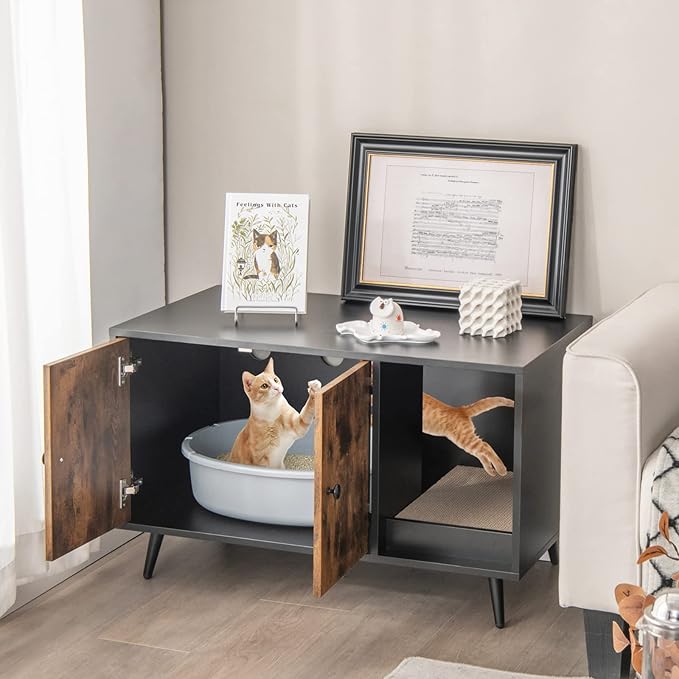 Giantex Cat Litter Box Enclosure, Hidden Cat Washroom Furniture, 2-Door Cabinet, Front Entry, 3 Vent Holes, Cat Scratching Pad, Wooden Pet House Crate End Table for Living Room (Black & Rustic Brown)
