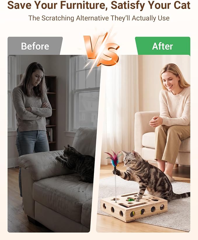 Cat Toys for Indoor Cats - Cat Nail File Box with Interactive Cat Toys, 2026 Upgraded Cat Puzzle Feeder Scratch Puzzle Toy for Indoor Cats, Natural Claw Care (Natural Wood)