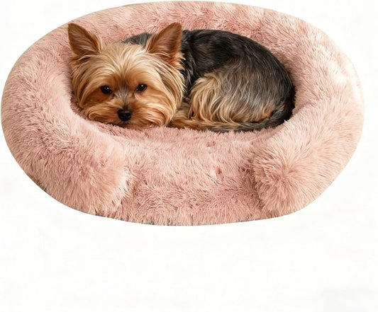 Calming Dog & Cat Beds with Orthopedic Egg-Crate Foam Raised Rim, Soft Fluffy Faux Fur Pet Bed for Small Medium Dogs, Anxiety Relief Spine Support, Machine Washable (Round, Blush Pink 20")