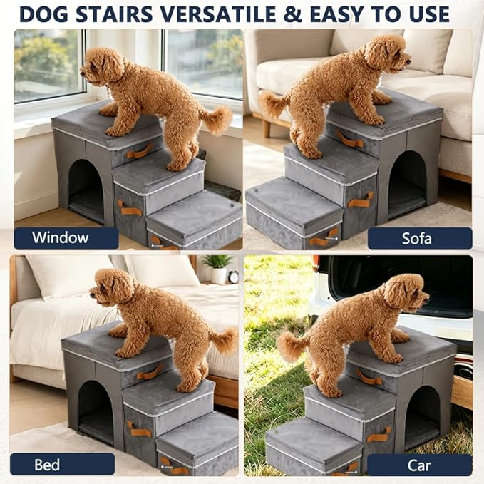 24" H Dog Stairs for High Beds,150 Lbs Capacity | Foldable and 3-Step design with storage & condo compartment, suitable for dogs & cats climbing bed, sofa and car