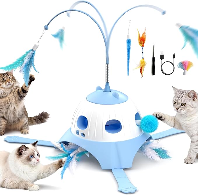 Casfuy 3-in-1 Interactive Cat Toy with Plush Tail, Whack-a-Mole & Rotating Feather Wand