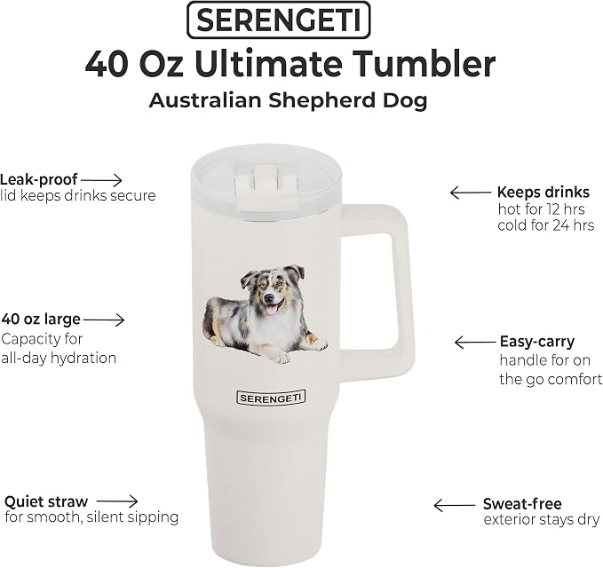 40 Oz Australian Shepherd Dog Tumbler with Handle, Straw & Lid - Vacuum Insulated Stainless Steel Travel Mug for Pet Lovers