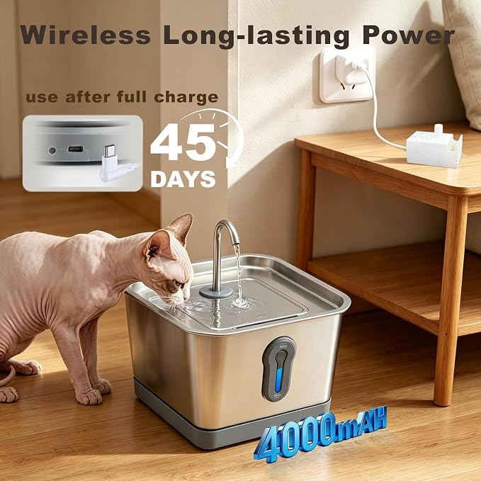 Cat Fountain Stainless Steel, 135oz/4L Pet Water Dispenser with App Monitoring, 4000mAh Operated Water Dispenser for Cats & Dogs,Ultra Quiet, LED Water Level Window Cat Fountain (2 Filter& 3 Sponge)