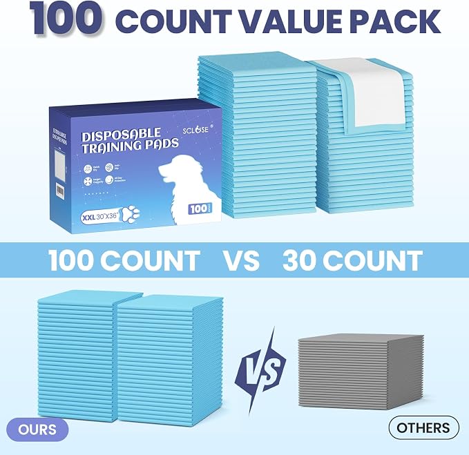 SCLOSE 100 Pack Pee Pads for Dogs Extra Large 30"x36", Puppy Pads XXL, Potty Pads for Dogs, Super Absorbent & Leak-Proof, Disposable Training Pads for Puppies, Doggie Pads, Blue