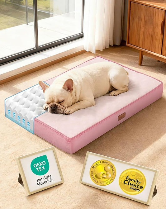 OhGeni Orthopedic Waterproof Dog Bed for Medium Dogs, Machine-Washable Removable Cover in Easy-Clean Fabric, Reversible Memory Foam & Easy-Carry Handle, Suitable for Crate, 30 inch (Pink)