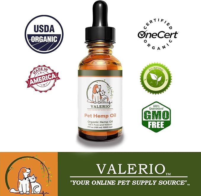 Valerio Pets Hemp Oil for Dogs and Cats , 4 Oz , - Hemp Oil Drops with Omega Fatty Acids - Hip and Joint Support and Skin Health