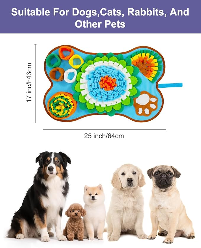 Snuffle Mat for Dogs, Pet Sniffing Pad for Medium & Small Dogs, 25 x 17 in, Slow Feeder Dog Treat Mat for Training & Stress Relief, Improves Sniffing Abilities, Non-Slip Bottom, Easy to Clean