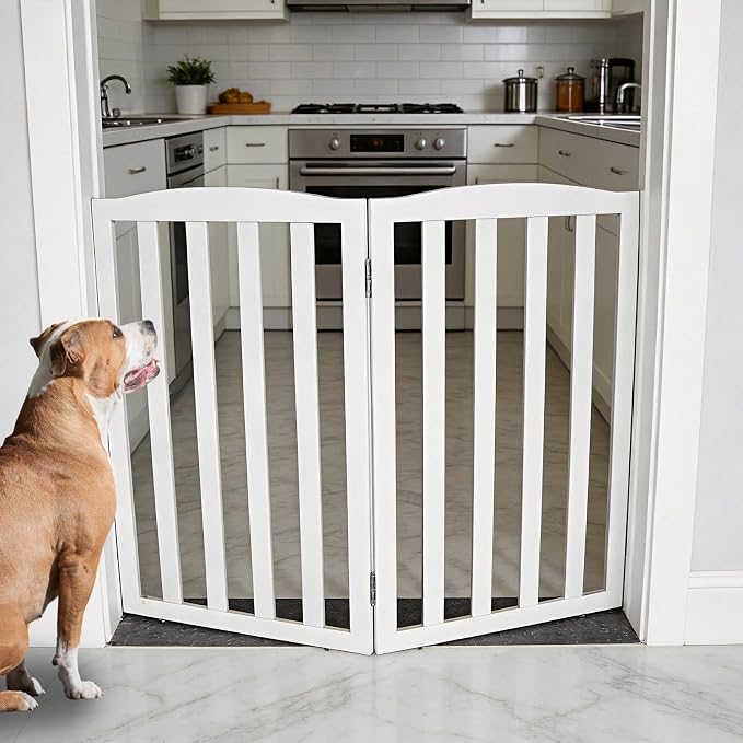 Freestanding Dog Gate Indoor,Doggie Gate Foldable Pet Gates for Doorways,Stairs or Hallways, Wooden White Pet Gate for the House, Pet Fence,32 "Height-2 Panels