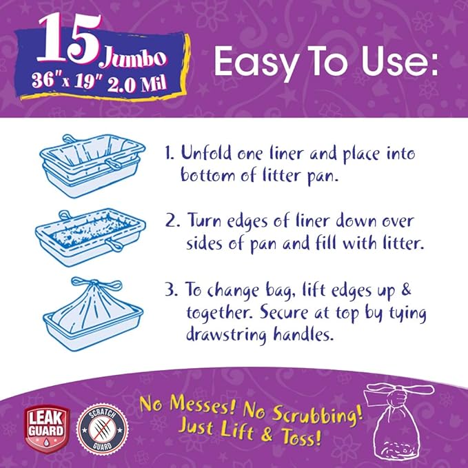 15 Count Fresh Kitty Litter Box Liners Super Thick, Durable, Easy Clean Up Jumbo Drawstring Scented Litter Pan Box Liners, Bags for Pet Cats (Pack of 3)