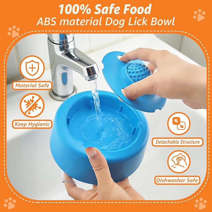 Slow Feeder Dog Bowls, Dog Lick Bowl with Built-in Rolling Ball for Wet Food, Bone Broth & Yogurt, Non-Slip Base, Interactive Enrichment Toy for Safe & Fun Feeding (Blue)