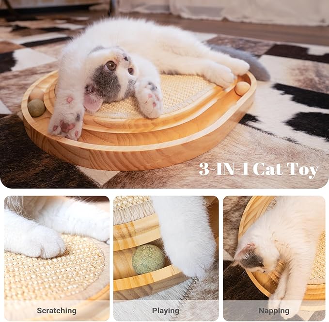 CHEERHOME PETS Cat Scratcher, Sisal Scratching Pad for Indoor Wooden Interactive Cat Puzzle Toy with Ball for Kitten Mental Stimulation Self Play Home Enrichment and Physical Exercise