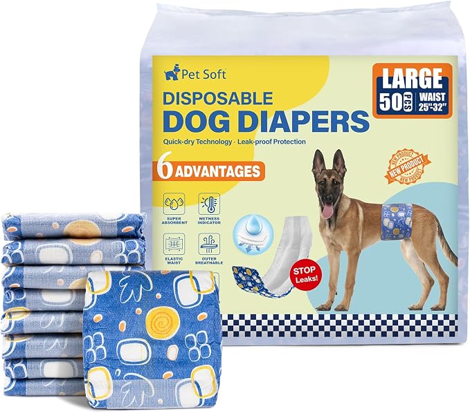 Pet Soft Male Dog Diapers - Disposable Male Dog Wraps with Wetness Indicator, Puppy Diapers for Pets Excitable Urination or Incontinence, 50pcs Large