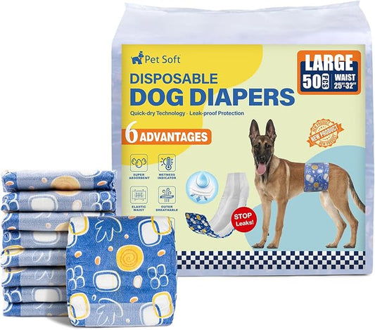 Pet Soft Male Dog Diapers - Disposable Male Dog Wraps with Wetness Indicator, Puppy Diapers for Pets Excitable Urination or Incontinence, 50pcs Large