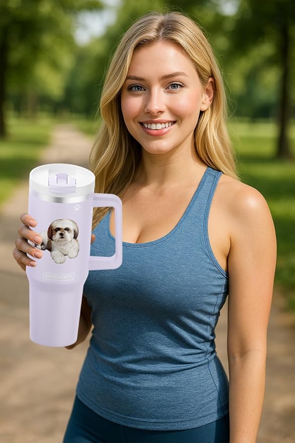 SERENGETI 40 Oz Ultimate Tumbler with Handle and Straw - Vacuum Insulated Tumbler with Straw and Lid - Stainless Steel Travel Mug for Pet Lovers - 3D Designs of your favorite Dog (Shih Tzu Tan)