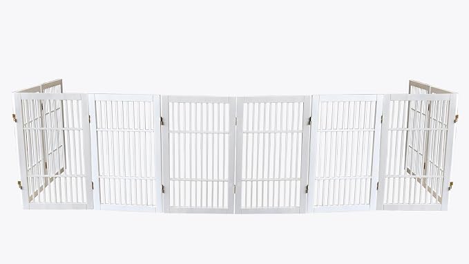 Urnporium Pet Dog Gate Freestanding, Strong Durable Folding Wooden Fence, Portable Acacia Hardwood Safety Barrier for Indoor & Outdoor Use (White Pet Gate, 10 Panel 30" Tall)