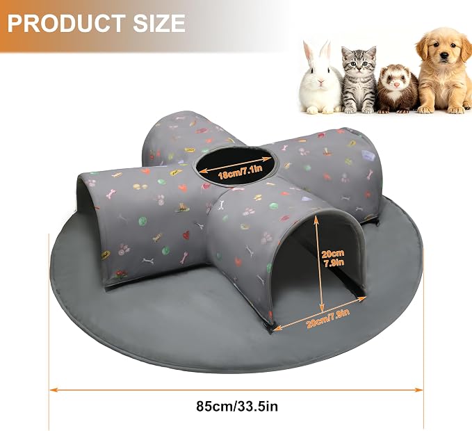 4-Way Indoor Cat Tunnel Bed with Top Peek Hole, 2-in-1 Collapsible Hideout with Removable Washable Mat, Interactive Play Tunnel for Cats, Kittens, Rabbits, Ferrets & Small Pets