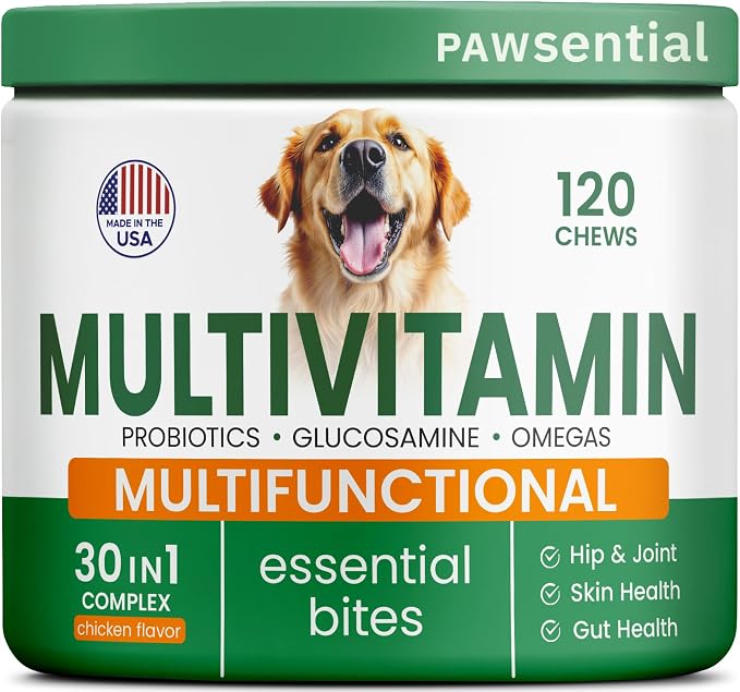 Dog Vitamins + Glucosamine - Chewable Multivitamins + Probiotics, Omega - Hip & Joint Support, Skin & Coat, Gut Health - Adult & Senior - Large & Small Breed - 120 Chews