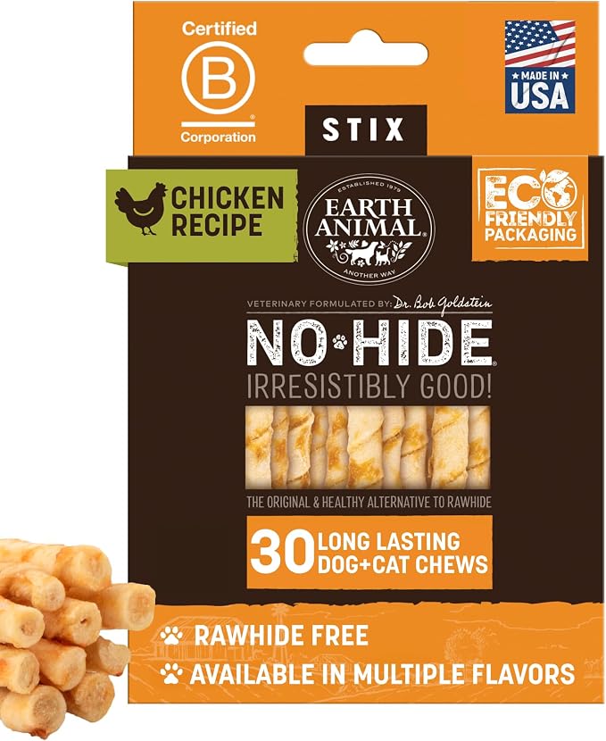 Earth Animal No Hide Stix - Long Lasting Rawhide Free Small Dog Chews Sticks, Chicken - 30 Count