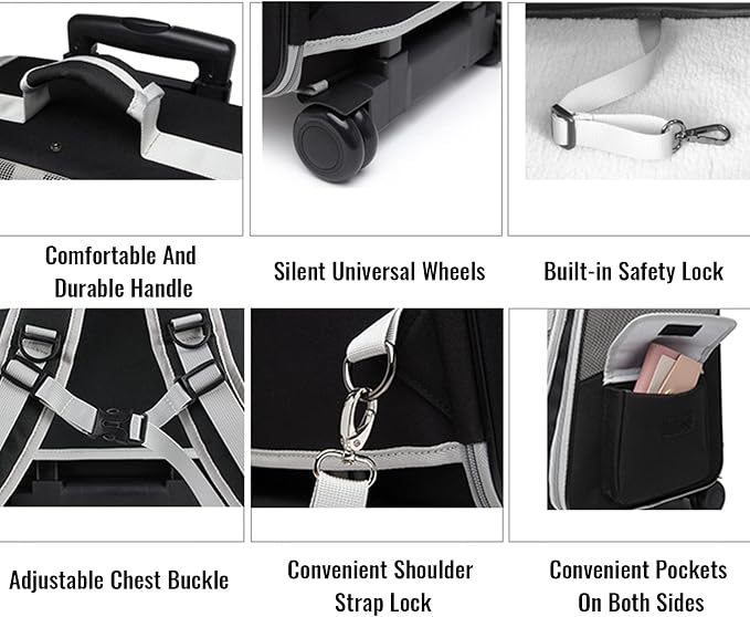 Pet Rolling Carrier,Foldable Cat Carrier Strollers Backpack Bag Puppy Dog Carrier Luggage with Wheels and Telescopic Handle for Cats Dogs Rabbits Kittens Puppies