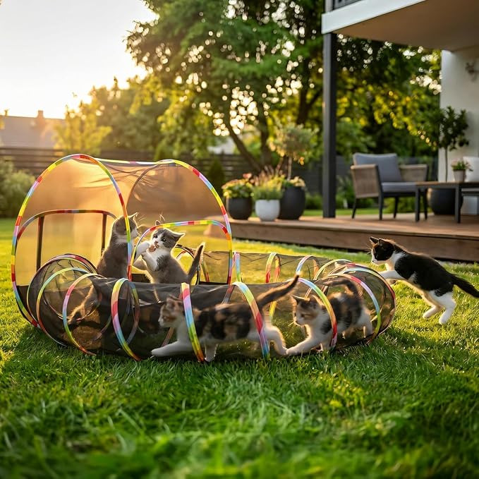 Outdoor Cat Enclosure, 2-in-1 Portable Pop Up Cat Mesh Tent with Tunnel for Cat Run, Easy Set Up and Foldable Catio Playground for Indoor Cats, Rabbits & Small Animals, Includes Storage Bag