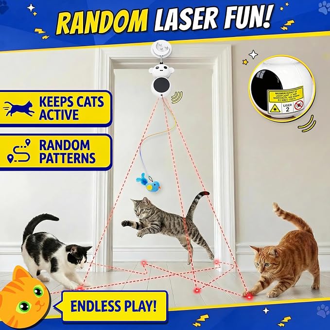 Interactive Cat Toys for Indoor Cats - 2 in 1 Automatic Cat Toy with Flying Bird，Smart Moving Wand Toy with 2 Modes, Doorway Hanging Toys Safe for Bored Kitten & Adult Cats