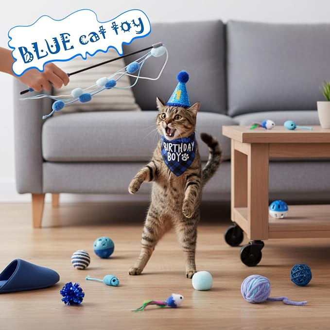 Zopeal 38 Pcs Graduation Cat Toy Set Interactive Cat Toys Pack Including Cats Gift Basket Feather Teaser Wand Plush Gift Outfit Mice Crinkle Balls and Pet Bell Balls, Puzzle for Indoor(Blue)