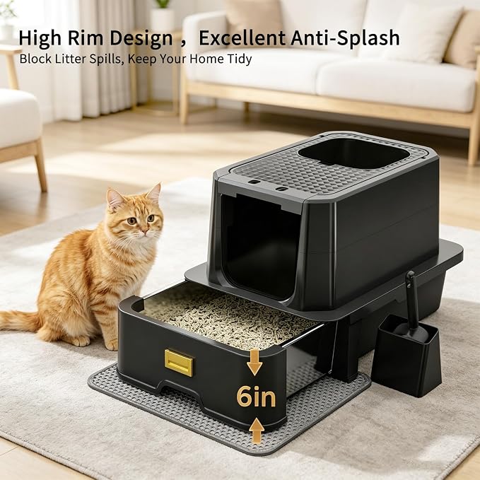 RIZZARI Stainless Steel Cat Litter Box with Lid, Extra Large Enclosed Metal Litter Box with Drawer & Deodorizer Spray, High Sided Top Entry Odor Control Design for Cats, Apartments & Multi-Cat Homes