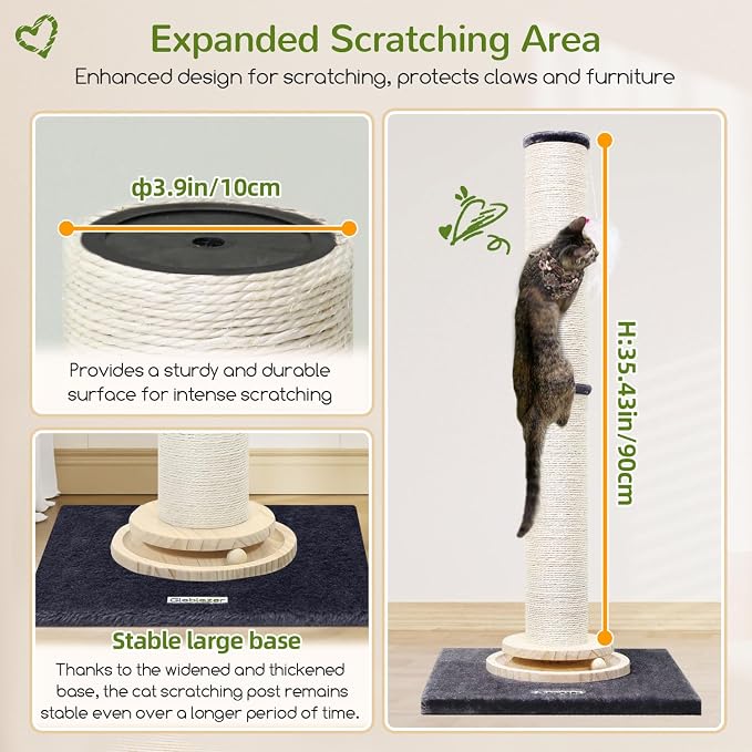 Globlazer Extra Thick Large Scratching Post for Indoor Cats Adults and Kittens, 35in Tall Natural Sisal Rope Scratcher Post, Large Cat Scratcher with Ball Interactive Toy, SC35, Dark Grey