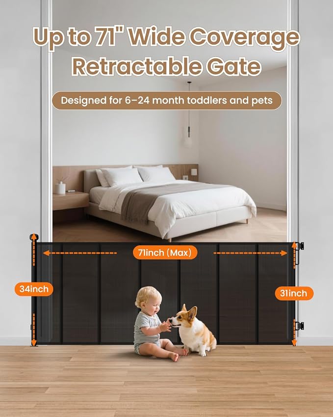 Retractable Baby Gate, 71" Wide 34" Tall Reinforced Mesh Baby Gate for Open Kitchens and Wide Doorways, One-Hand Operation Retractable Dog Gate, Fits Baseboards, Black