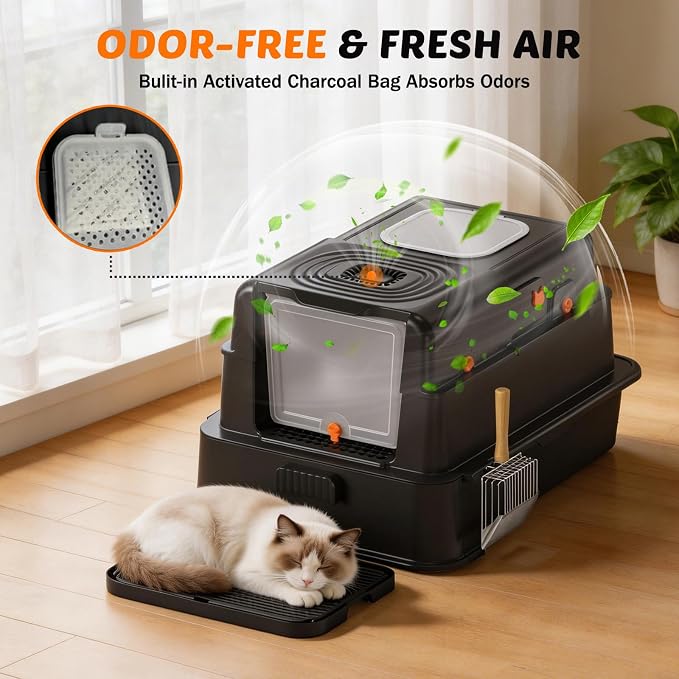 Stainless Steel Litter Box with Lid: XL Extra Large Cat Litter Box for Big Cats, Enclosed Kitty Litter Boxes with Drawer, High Sided Metal Cat Box with Scoop, Front & Top Entry, Odor Free, Non-Stick