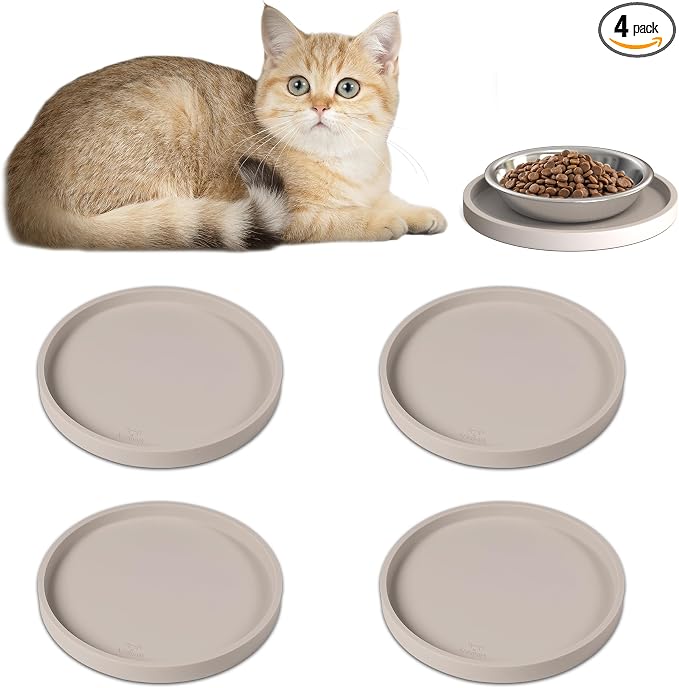 Arespark Pet Silicone Food Mat, Set of 4 Nonslip Waterproof Feeding Bowl Mat with Raised Edges for Food and Water Prevent Spills, Round Eating Tray for Dog Cat Puppy Kitten, 6'' x 6''
