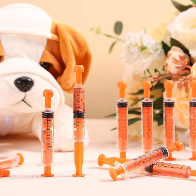 TrelaCo 100 Pack 5ml Syringes with Caps, Colored Plastic Measuring Syringe for Liquid, Pet Feeding, DIY, Party, Craft, Individually Sealed and Wrapped(Orange)