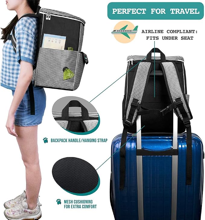 PetAmi Dog Travel Bag Backpack, 27L Airline Approved Pet Supplies Organizer with 2 Food Containers, 2 Collapsible Bowls & Poop Bag Dispenser, Weekend Road Trip Camping Dog Mom Gift, Stripe Black
