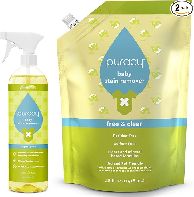 Puracy Natural Baby Stain Remover Bundle - Enzyme-Powered Stain and Odor Eliminator, Fragrance Free Cleaning Spray, Non-Toxic Clothes Stain Remover Spray, 16oz Bottle & 48oz Refill Set