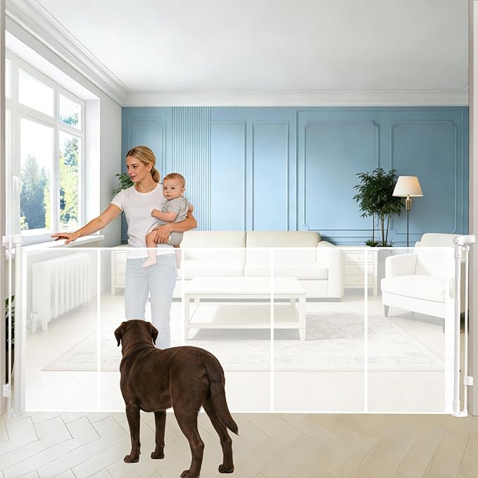 120" Extra Wide Retractable Baby Gates, 42" Extra Tall Retractable Dog Gate Pet Gate with Support Rods, Long Mesh Screen Child Safety Gate for Garage Doorways Hallways Deck Porch, Outdoor Indoor Use