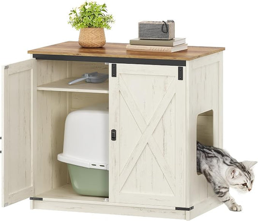 Hzuaneri Cat Litter Box Enclosure Enclosed, Hidden Litter Box Furniture Cabinet Large, Wooden Indoor Cat House with Adjustable Shelf for Top Entry Litter Box, Farmhouse Rustic Brown and White CB85414X