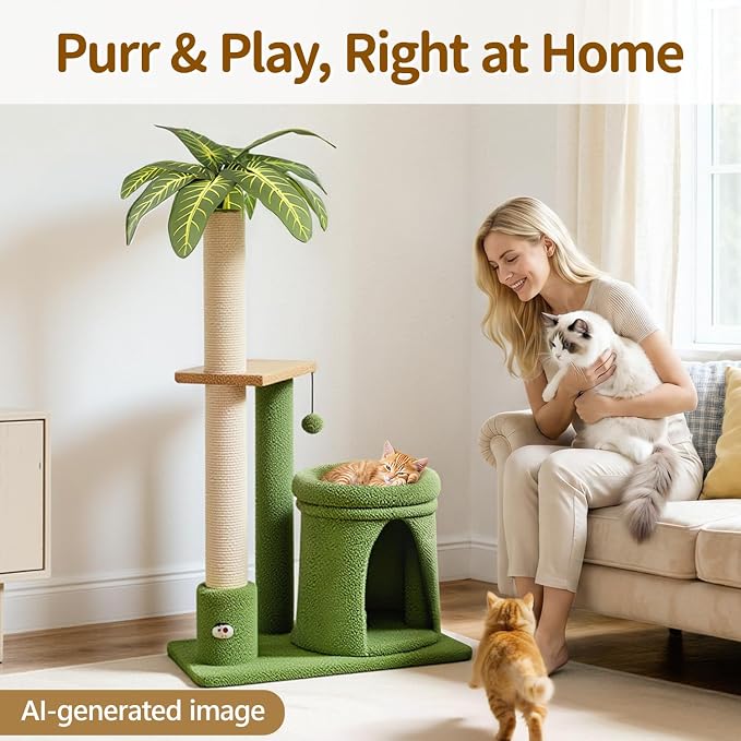 Cat Tree Tower Scratch Post Stand for Indoor, 41" Compact Palm Tree Kitten House Condo with Cozy Bed for Small Cats, Space Saving Design, Supports Climber Scratching Playing and Rest