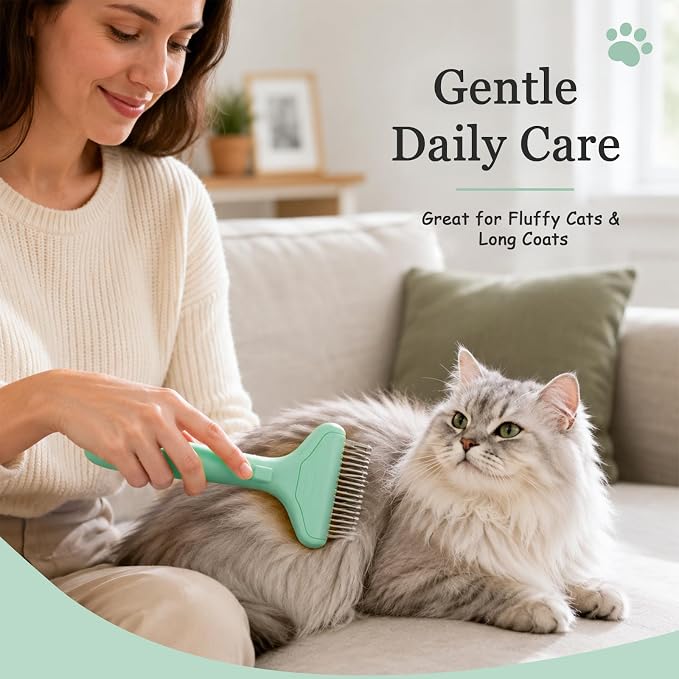 Dog Brush and Cat Deshedding Rake, Pet Grooming Tool for Shedding with Rounded Stainless Steel Teeth, Comfortable Grip for Long or Thick Coats (Style 2 Green)