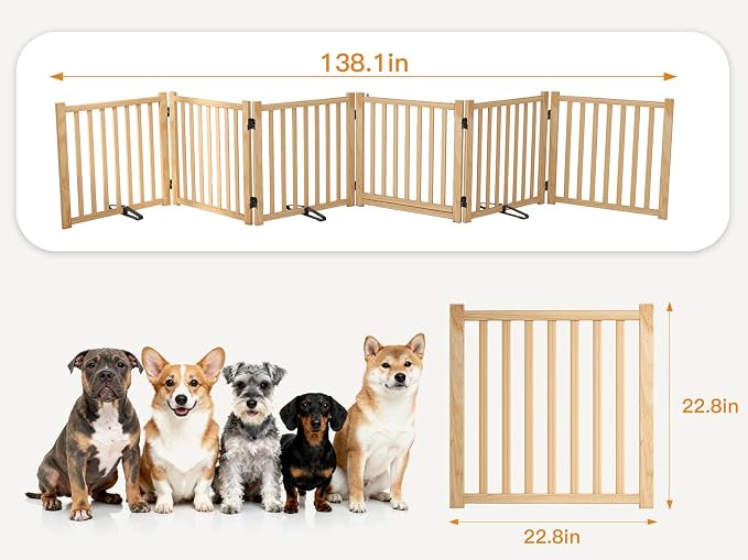 YOCAN Non-Painted Wooden Freestanding Dog Gates with Door for The House,Doorways, Stairs,Wood Dog Fences Indoor Pet Gate,Step Over Fence-8 Panel H:23"
