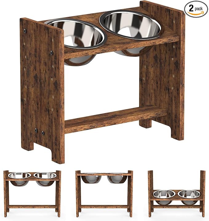 Vantic Elevated Dog Bowls, Adjustable Raised Dog Bowl Stand for Medium Sized Pet, Sturdy Particle Board Food Feeder with 2 Stainless Steel Dishes, Rustic Brown