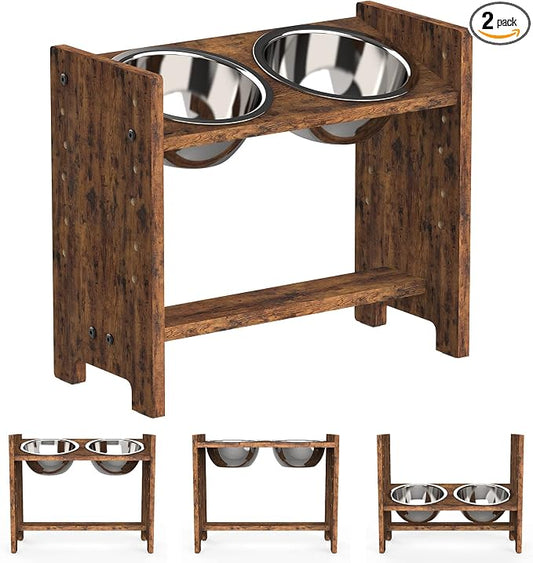 Vantic Elevated Dog Bowls, Adjustable Raised Dog Bowl Stand for Medium Sized Pet, Sturdy Particle Board Food Feeder with 2 Stainless Steel Dishes, Rustic Brown