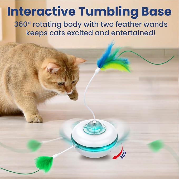 PAWSPIK 3-in-1 Hide & Seek Interactive Cat Toy - Rechargeable Automatic Feather Chasing & Tumbling Peek-A-Boo Exercise Toy for Bored Indoor Cats & Kittens