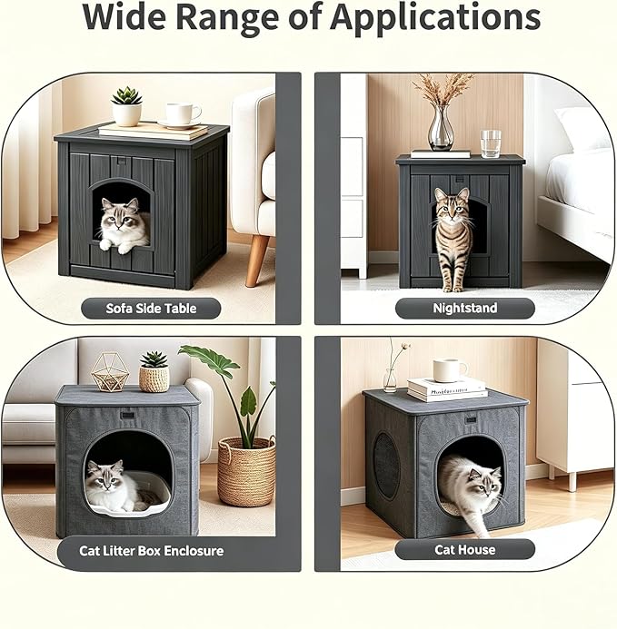 NUNU LAB Hidden Cat Litter Box Enclosure Furniture, Weatherproof Litter Box Side Table with Openable Front Door, Odor-Free & Easy Clean Cat House Cabinet for Indoor Bedroom & Outdoor Patio, Black