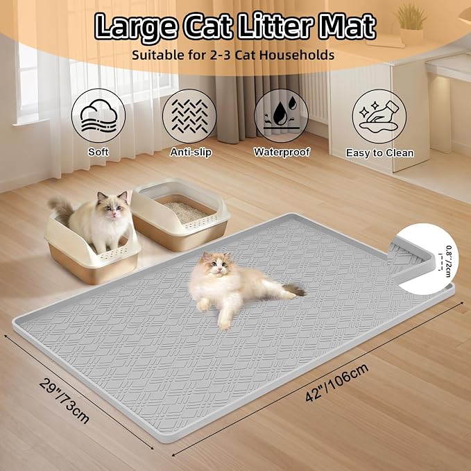 Silicone Cat Litter Mat, 42" x 29" Extra Large Litter Trapping Mat for Litter Box, Leak-Proof, Non-Slip, Kitty Litter Mats with Soft Texture for Floor, Keeping The Floor Clean (Light Grey)