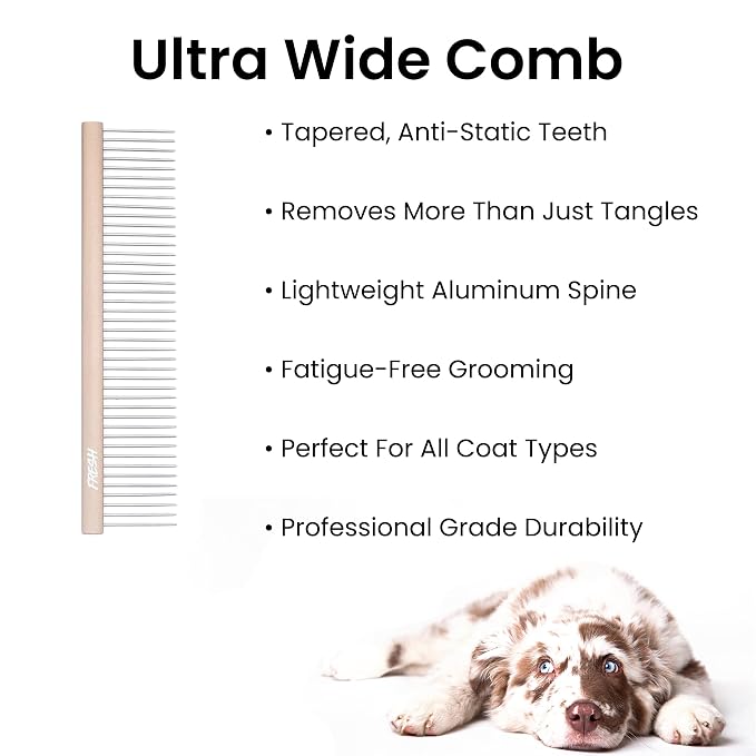 Fresh Ultra Wide Metal Pet Comb, Oval Aluminum Handle, Wide Tooth Spacing, Metal Grooming Comb for Dogs, 7.5"